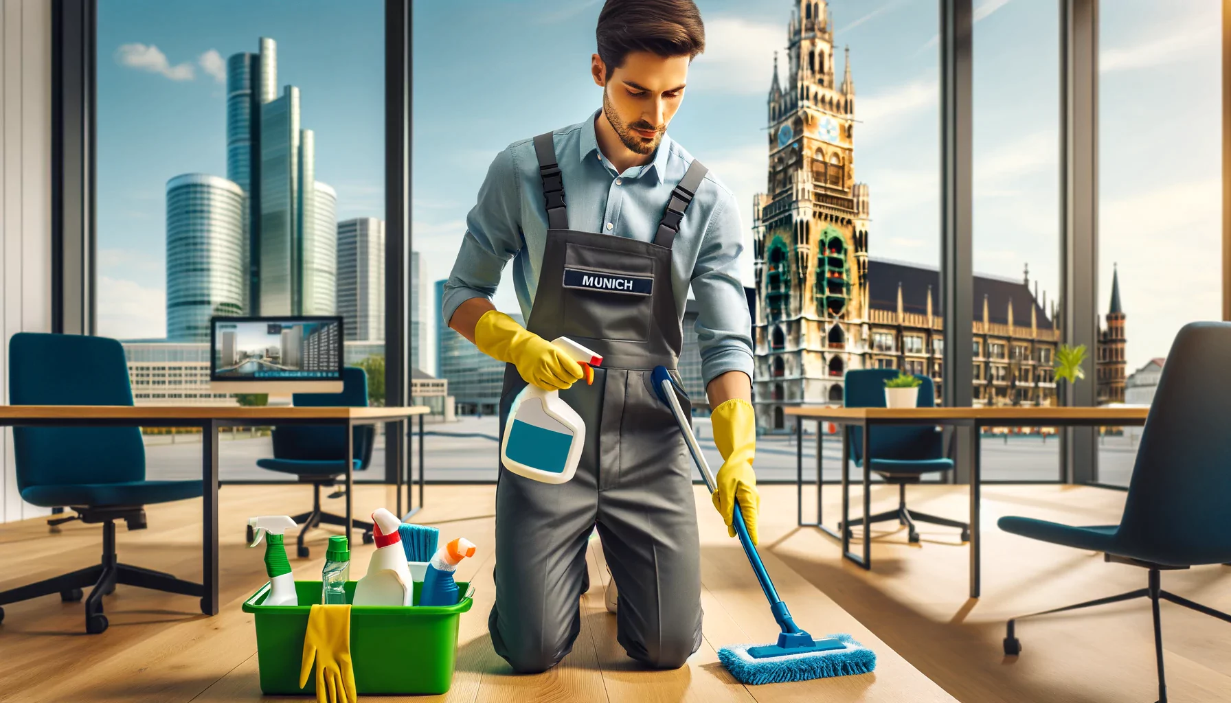 Reinigungskraft in Uniform reinigt ein modernes Büro in München mit umweltfreundlichen Reinigungsmitteln