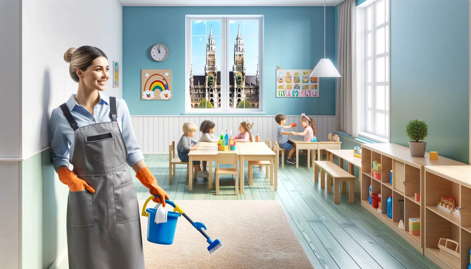 Eine geschulte Reinigungskraft sorgt für einen sauberen Kindergarten in München