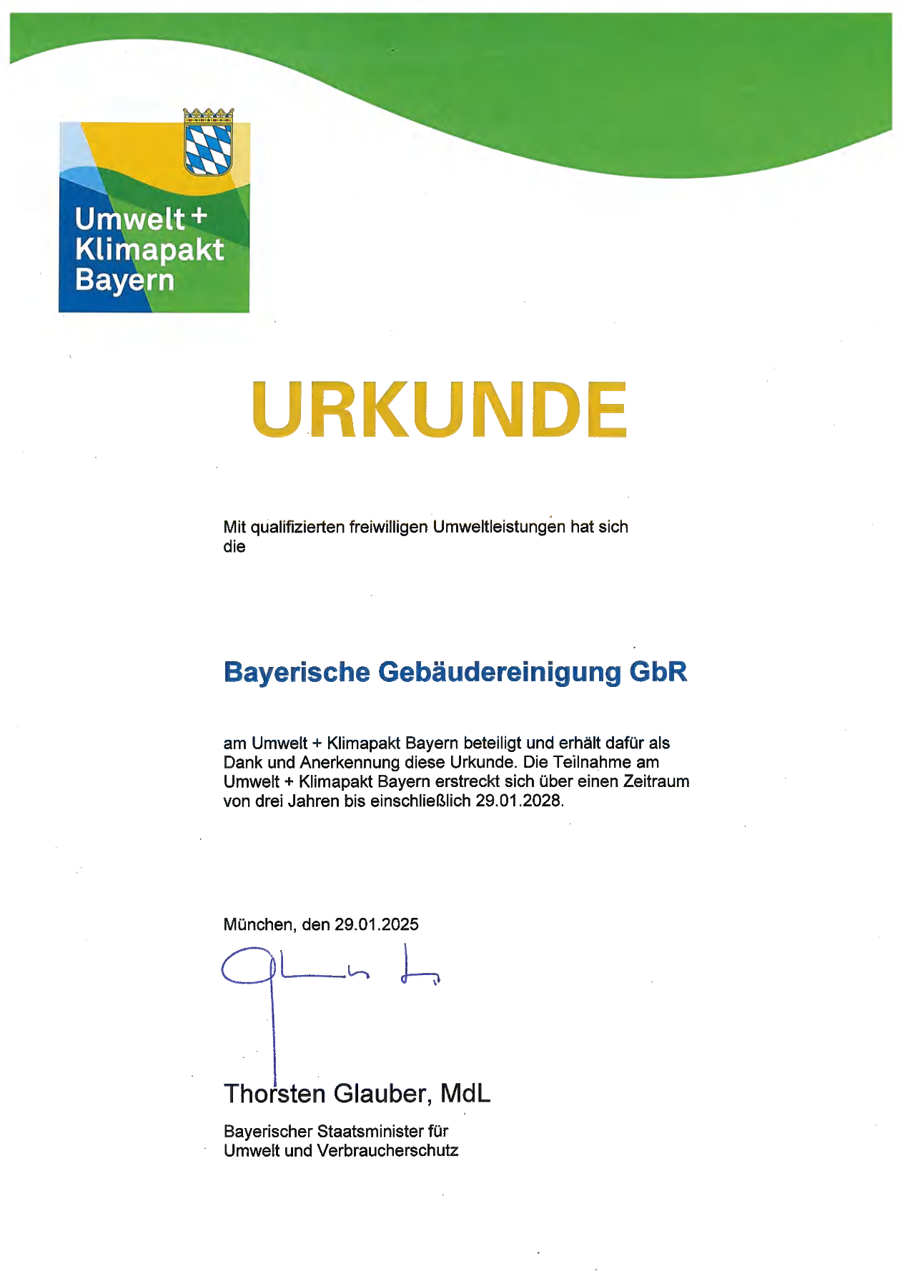 Teilnahmeurkunde Umwelt- und Klimapakt Bayern